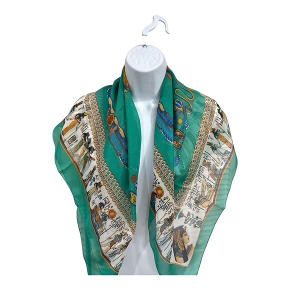 EGYPT Souvenir Silky Scarf Gorgeous Turquoise& Yellow Tutankhamun 34” Square - Picture 4 of 10
